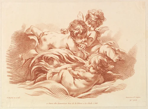 Three Children On Dolphin by Gilles Demarteau, print, 1755-1776