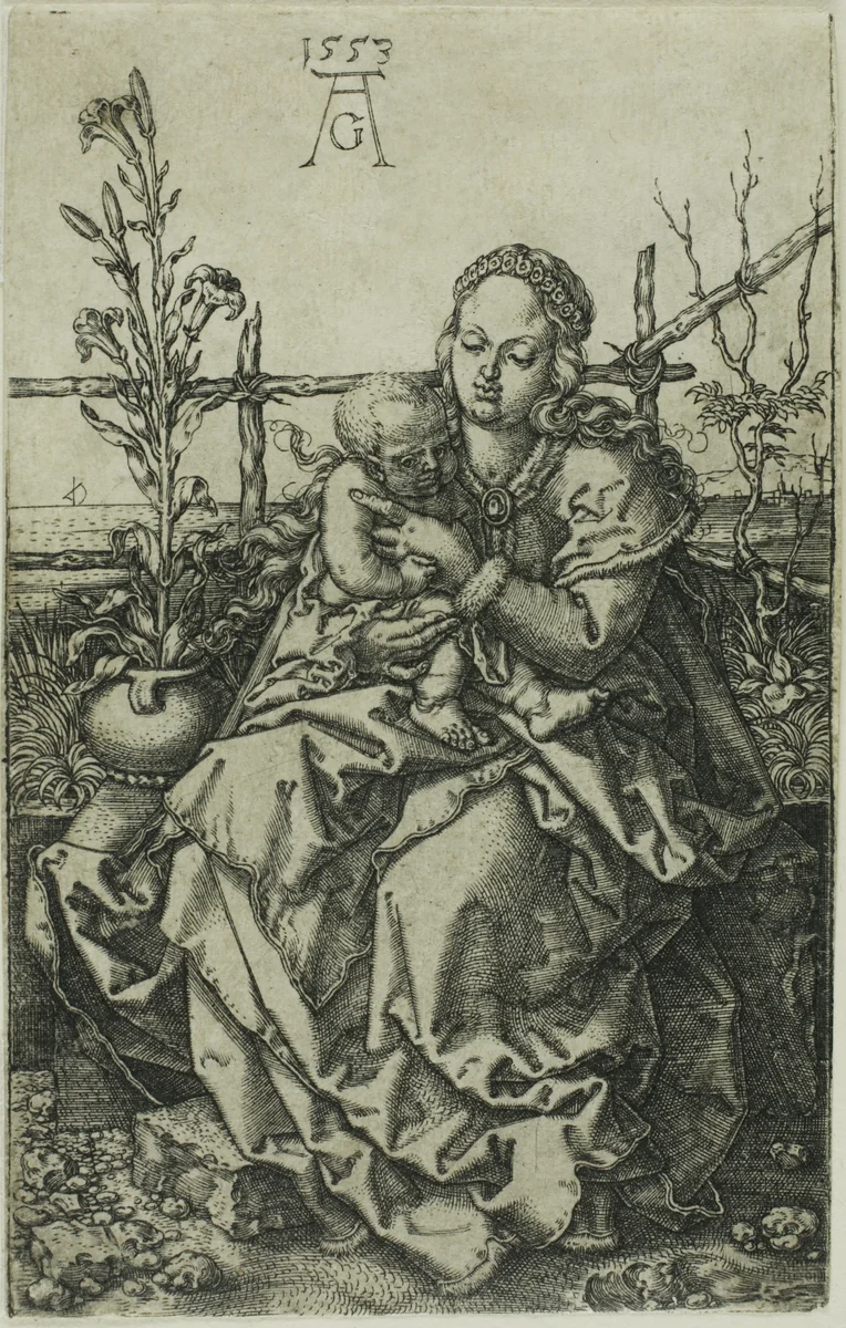 The Virgin and Child Seated on a Grassy Bank by Heinrich Aldegrever, print, 1553