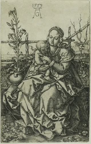 The Virgin and Child Seated on a Grassy Bank by Heinrich Aldegrever, print, 1553
