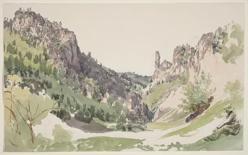 A Seated Man Contemplating a Sunlit Mountain Valley by Jakob Alt, drawing, 1820-1830