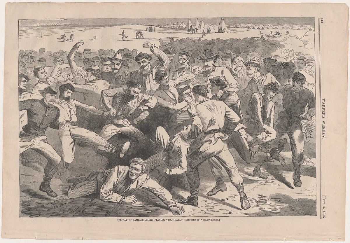 Holiday in Camp – Soldiers Playing "Foot-Ball" – Sketched by Winslow Homer (from "Harper's Weekly," Vol. IX) by Winslow Homer, print, 1865