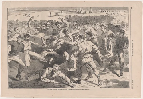 Holiday in Camp – Soldiers Playing "Foot-Ball" – Sketched by Winslow Homer (from "Harper's Weekly," Vol. IX) by Winslow Homer, print, 1865