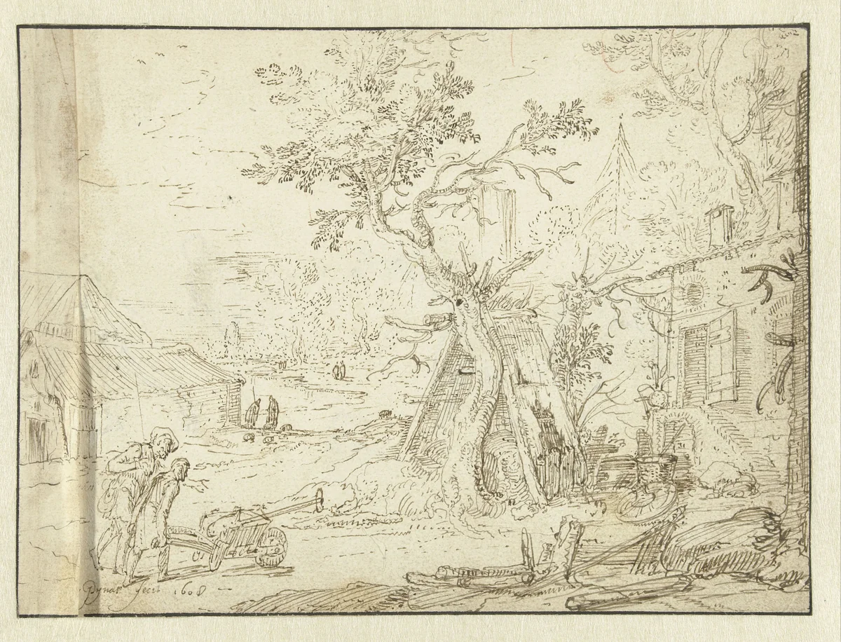 Gezicht op het erf van een boerderij by Jan Pynas, drawing, 1608