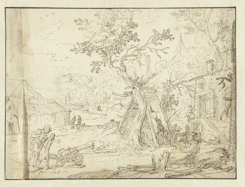 Gezicht op het erf van een boerderij by Jan Pynas, drawing, 1608