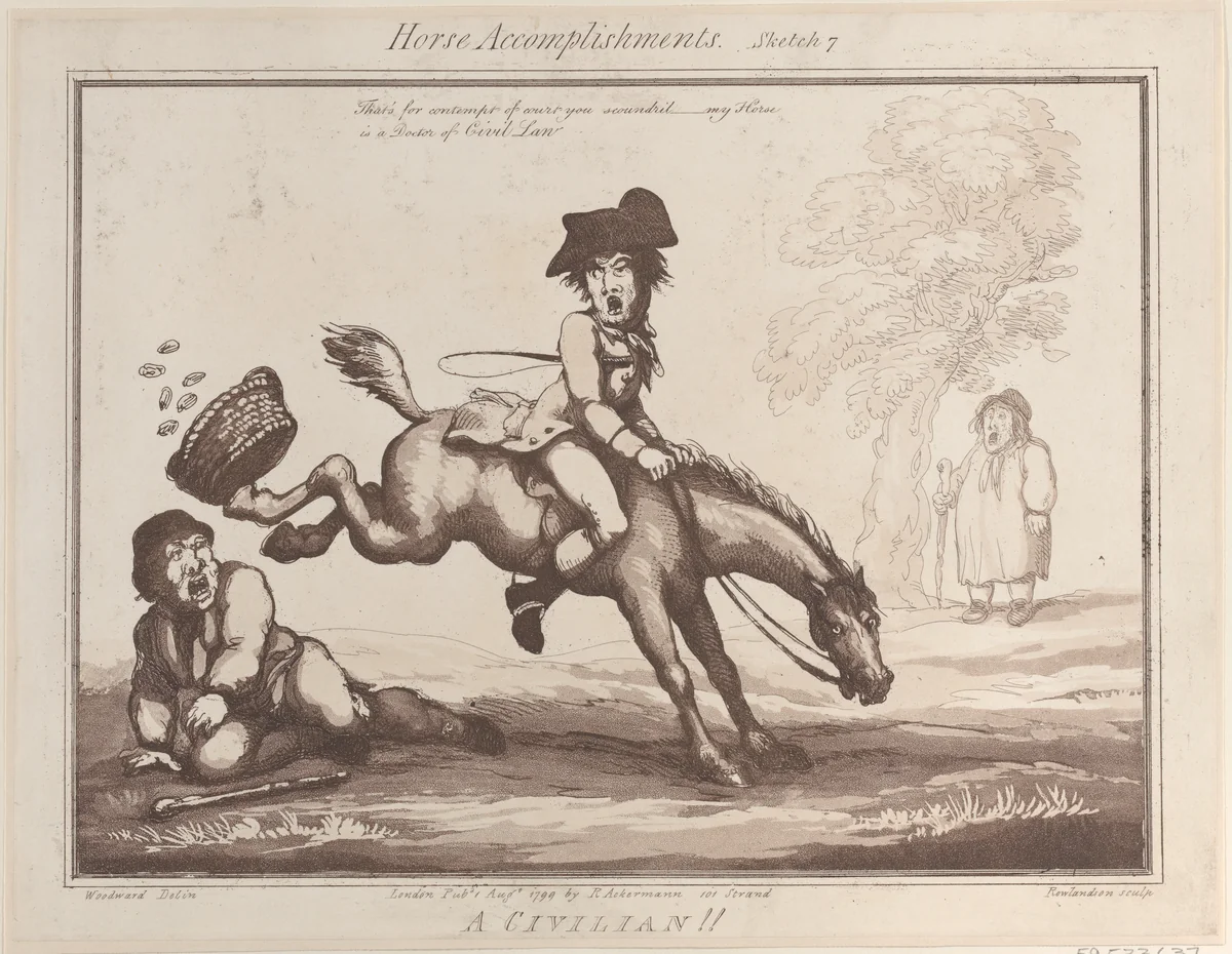 Horse Accomplishments, Sketch 7: A Civilian !! by Thomas Rowlandson, print, 1799