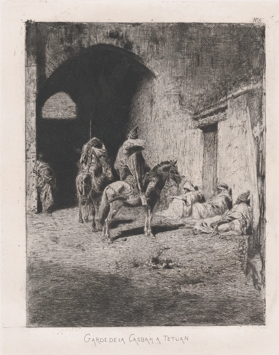 Entrance to the Kasbah in Tetuan, figures sitting on the ground, others on horseback by Mariano Fortuny, print, 1868-1878