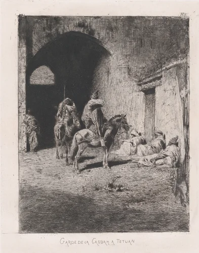 Entrance to the Kasbah in Tetuan, figures sitting on the ground, others on horseback by Mariano Fortuny, print, 1868-1878