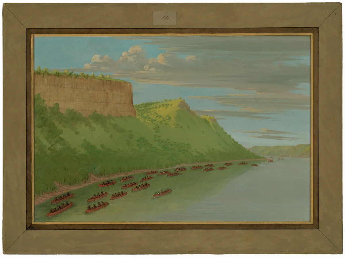 Father Hennepin and Companions Passing Lover's Leap. April 1680 by George Catlin, painting, 1847-1848