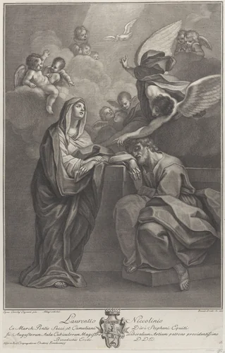 Plate 6: Saint Joseph's dream, with the Virgin Mary at left and an angel above who points to the Holy Spirit by Benedetto Eredi, print, 1777