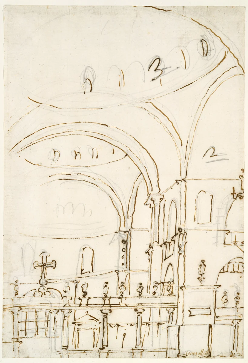 Interior of the Basilica of San Marco, Showing the Crossing and the Choir by Canaletto, drawing, 1760-1771
