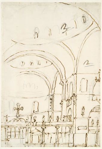 Interior of the Basilica of San Marco, Showing the Crossing and the Choir by Canaletto, drawing, 1760-1771