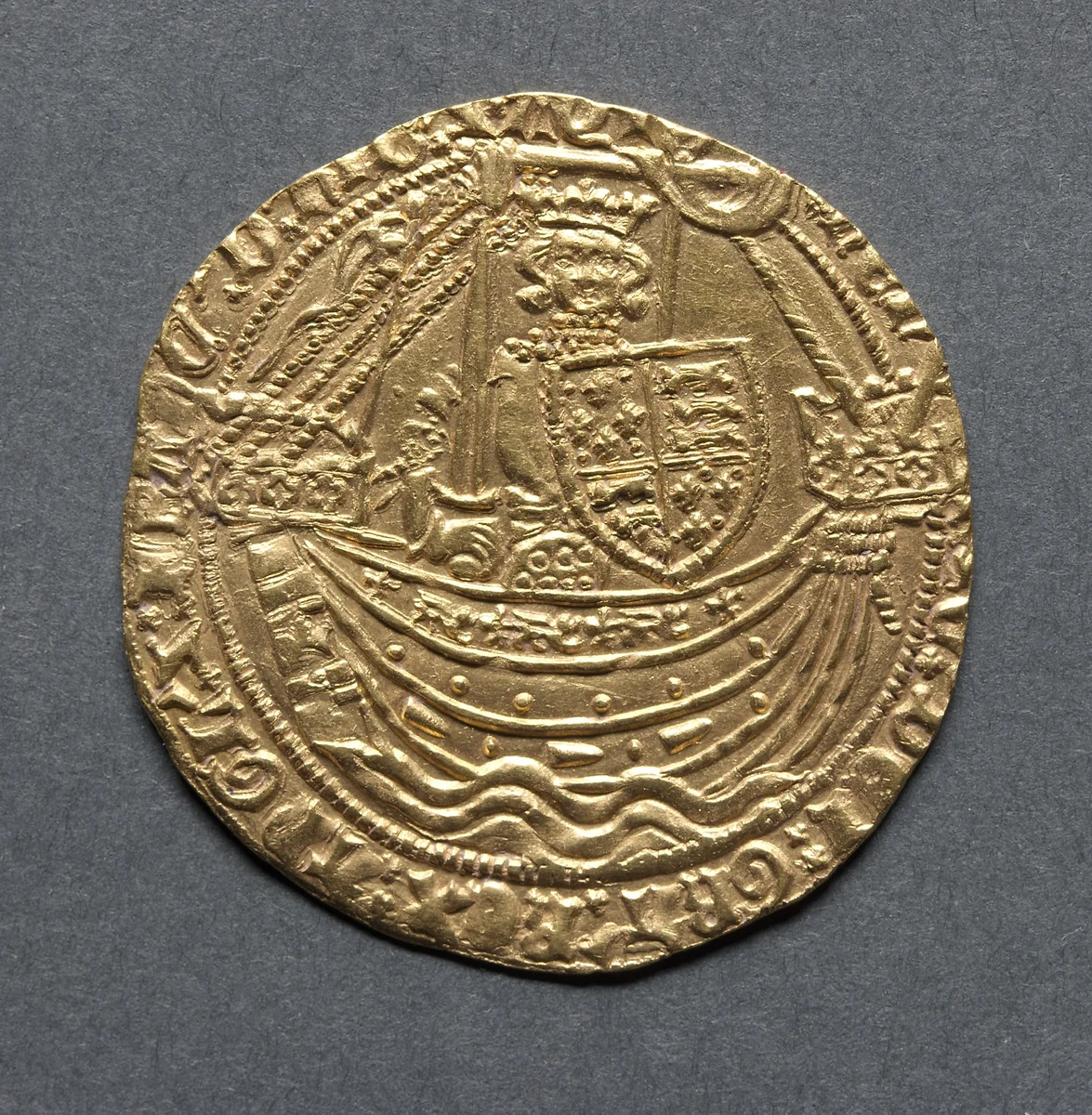 Noble: Henry IV Standing in Ship with Shield of Arms (obverse); Ornamental Cross with Lis Terminals (reverse) by Unknown, metalwork, 1399-1412