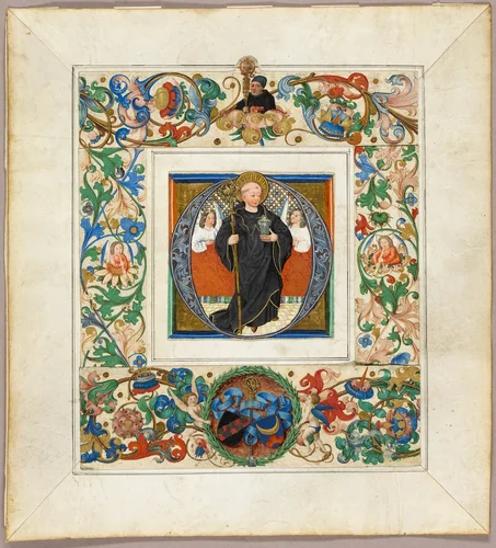 Saint Benedict, initial ‘O’, with border fragments from a Missal by Jakob Elsner, painting, 1491