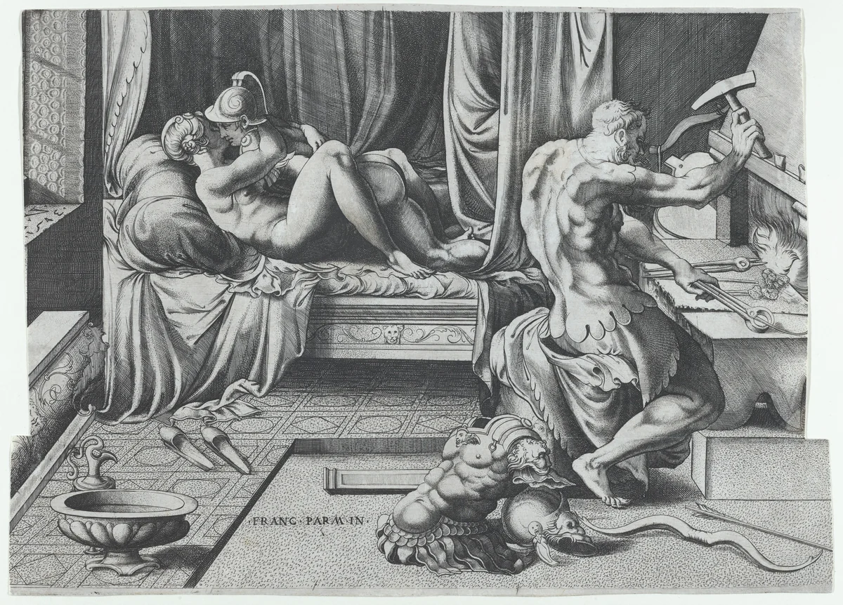Venus and Mars Embracing as Vulcan Works at His Forge by Enea Vico, print, 1543