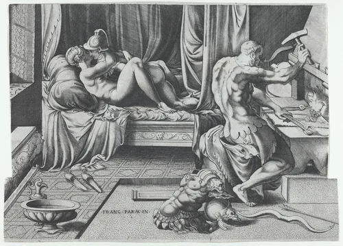 Venus and Mars Embracing as Vulcan Works at His Forge by Enea Vico, print, 1543