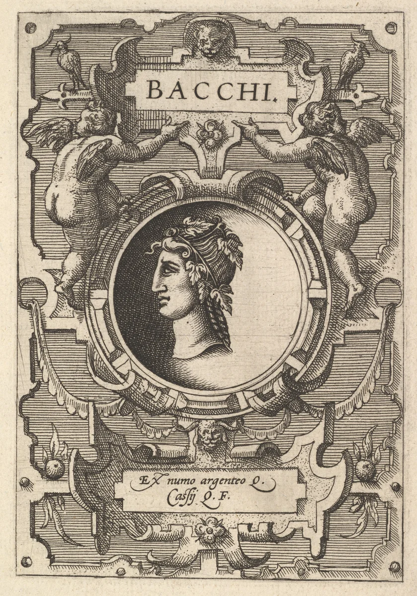Bust of Bacchus surrounded by strapwork, from "Deorum dearumque" by Gerard van Groeningen, print, 1573