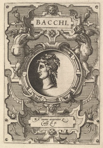 Bust of Bacchus surrounded by strapwork, from "Deorum dearumque" by Gerard van Groeningen, print, 1573
