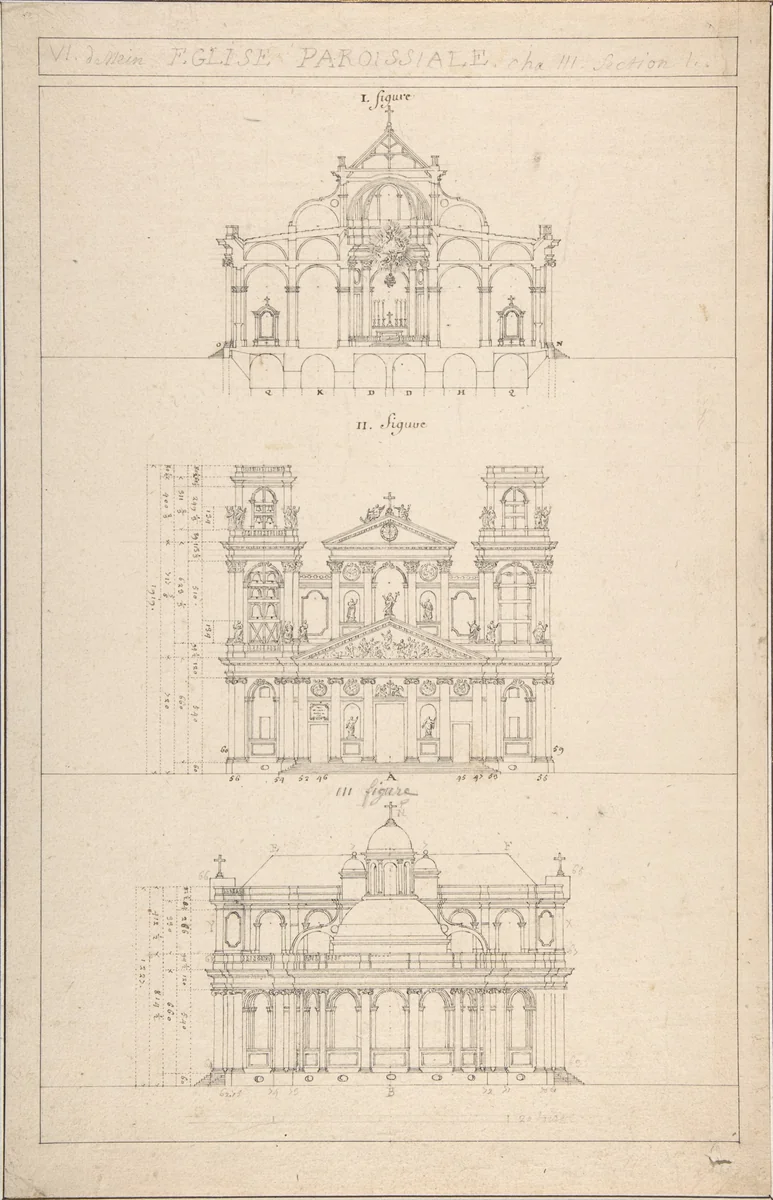 Drawing of Interior, Façade, and Rear of Church by Jacques Germain Soufflot, drawing, 1725-1780