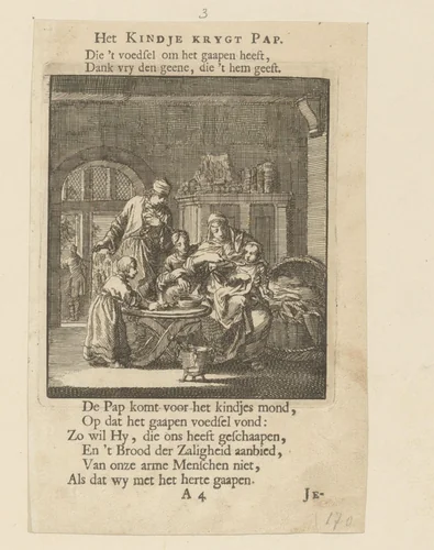 Kind krijgt pap te eten by Jan Luyken, print, 1712