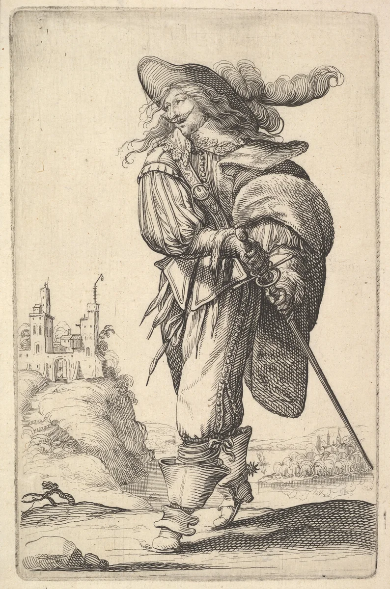 A gentleman, walking towards the left and drawing his sword from the sheath, wearing a plumed hat and boots with spurs, from "The Garden of the French Nobles In Which One Can Pick Up Their Way of Dressing" by Abraham Bosse, print, 1629