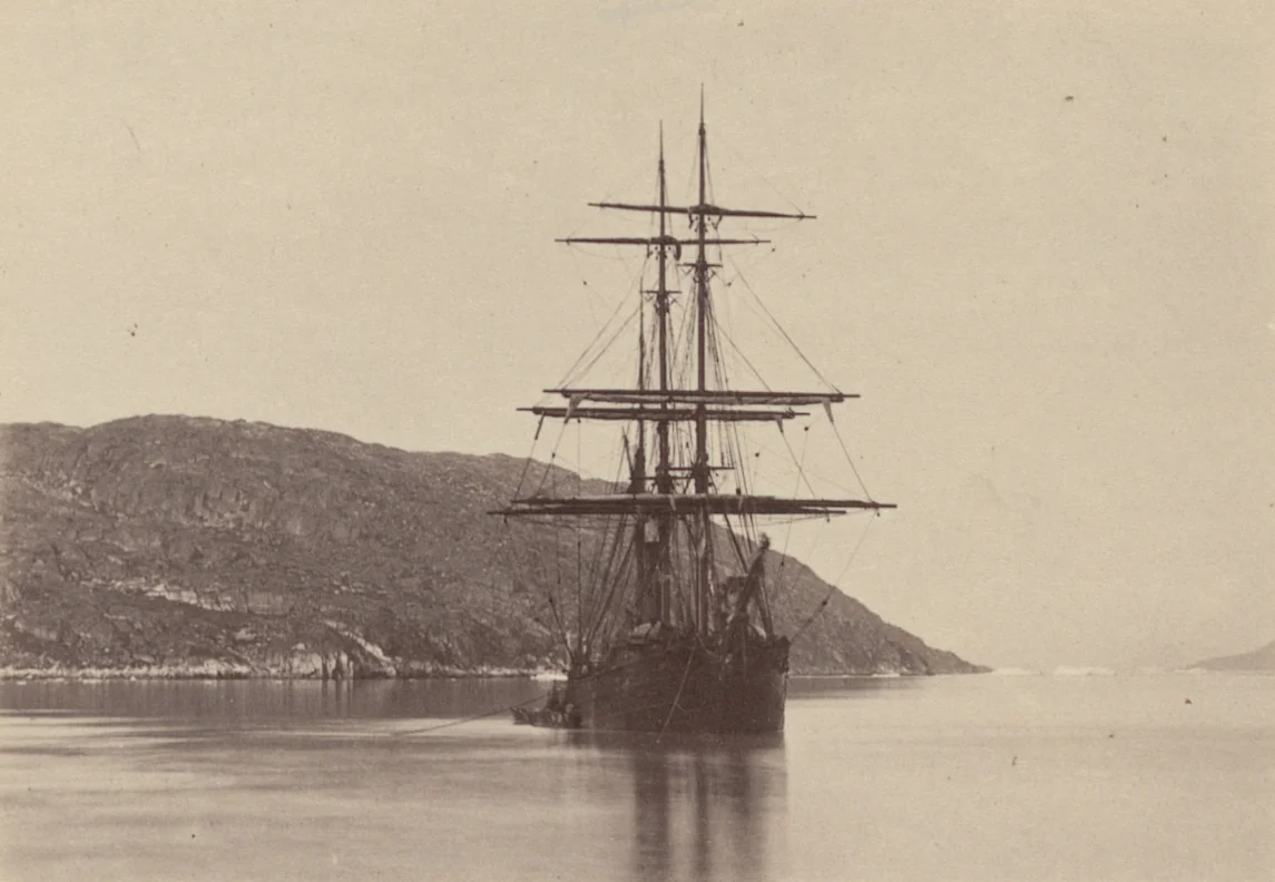 “The "panther" steaming up the Sermitialik fiord to visit the glacis” by George P. Critcherson, John L. Dunmore, William Bradford, photograph, 1869