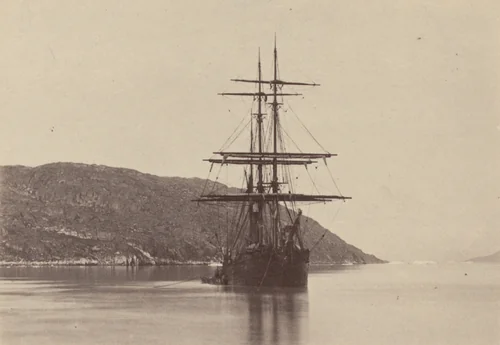 “The "panther" steaming up the Sermitialik fiord to visit the glacis” by George P. Critcherson, John L. Dunmore, William Bradford, photograph, 1869