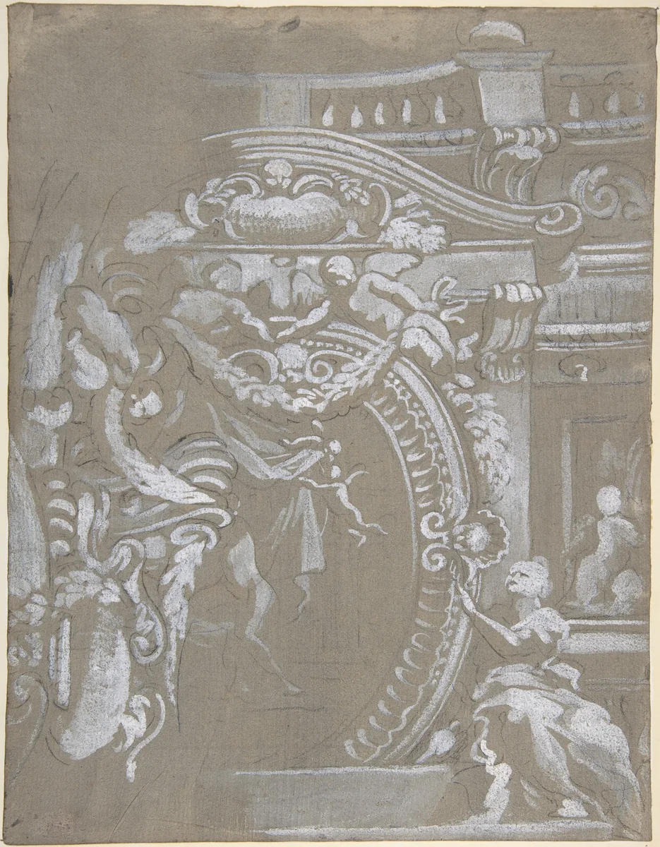 Ornamental Design for a Wall Monument Surmounted by a Balustrade with Human Figures, Angels Holding Garlands and Draperies (recto and verso) by Gregorio de Ferrari, drawing, 1647-1726