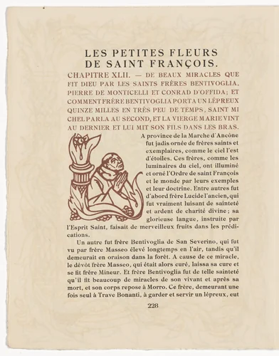 Pictorial initial (page 228) from Les Petites Fleurs de St. François (The Little Flowers of St. Francis) by Émile Bernard, illustrated book, 1928