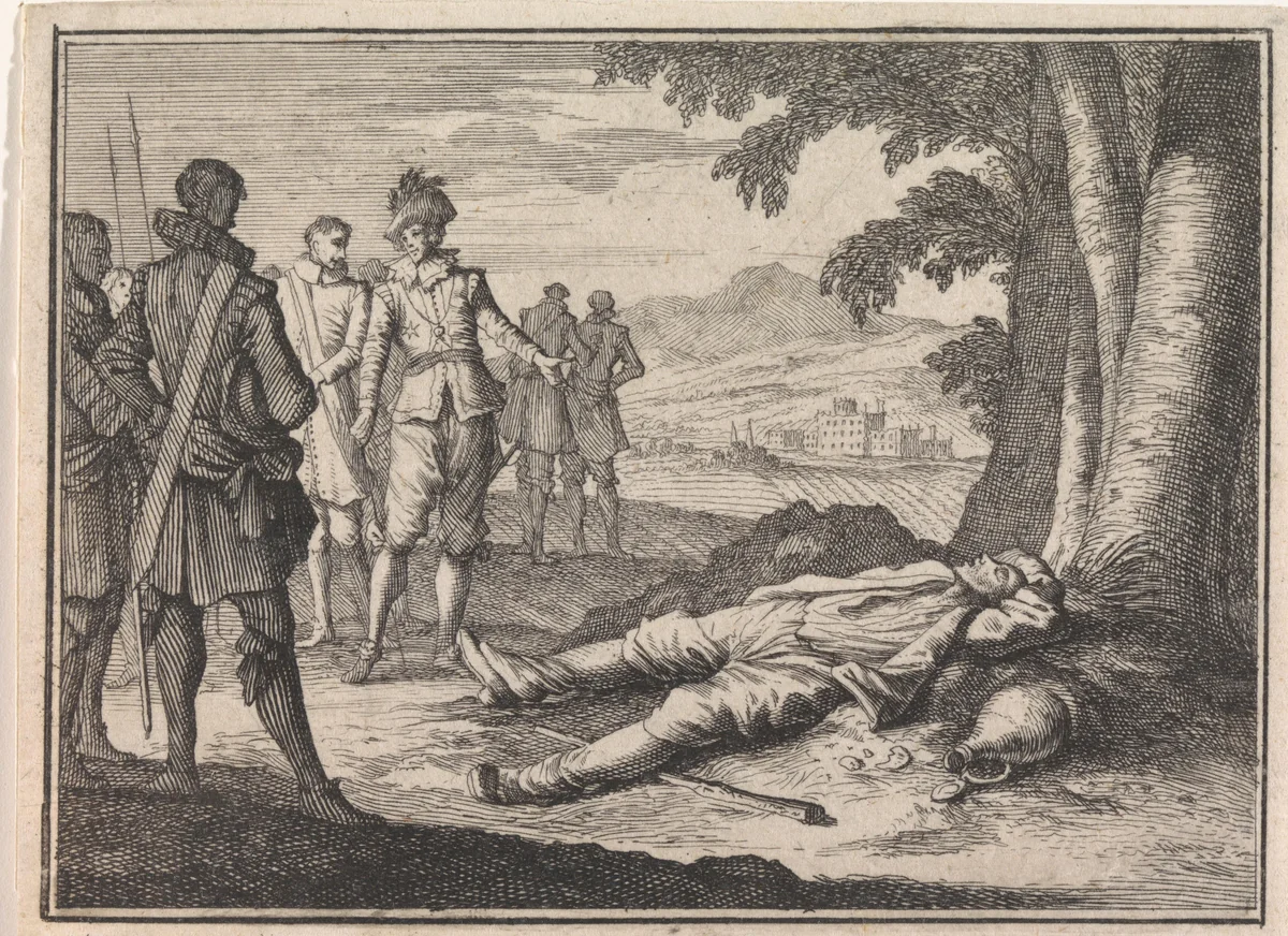 Filips de Goede vindt een beschonken boer onder een boom by Caspar Luyken, print, 1710