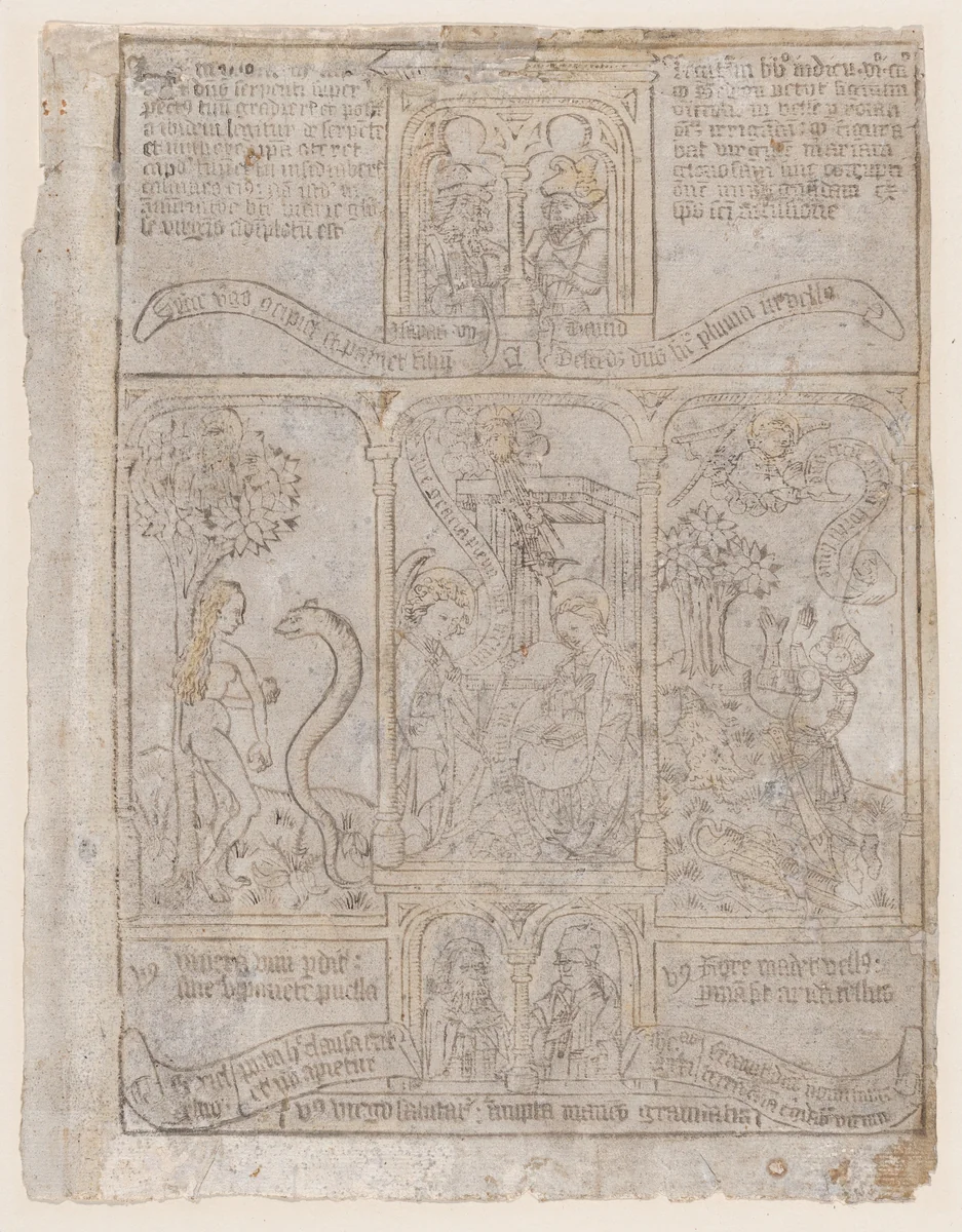 The Annunciation, flanked by Eve and the Serpent and Gideon's Fleece, from a "Biblia Pauperum" blockbook, third edition by anonymous, print, 1445-1485