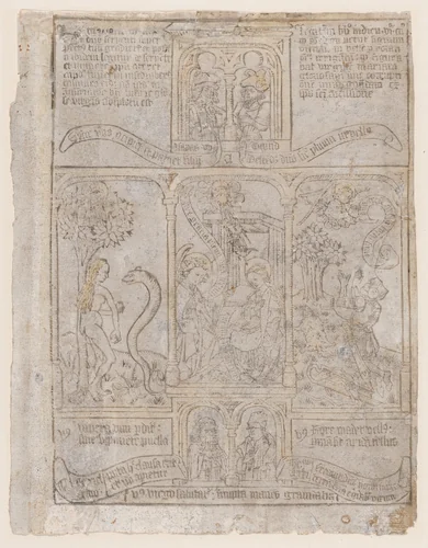 The Annunciation, flanked by Eve and the Serpent and Gideon's Fleece, from a "Biblia Pauperum" blockbook, third edition by anonymous, print, 1445-1485