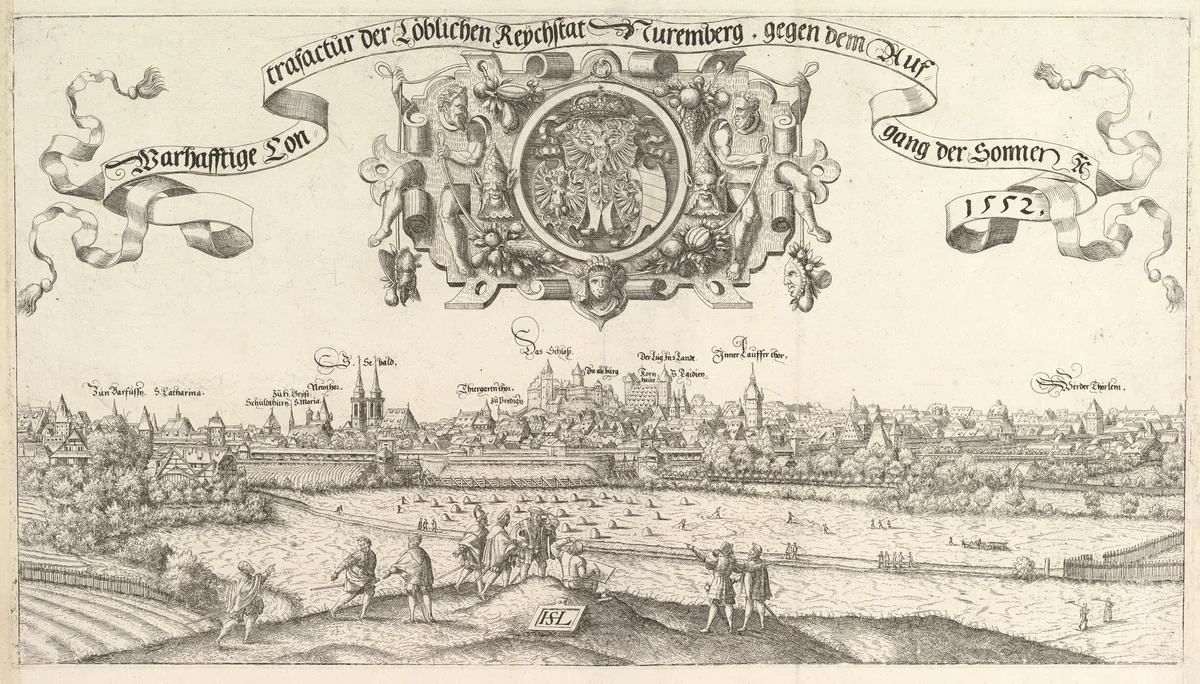 View of Nuremberg, to the east, center plate by Hanns Lautensack, print, 1552
