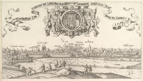 View of Nuremberg, to the east, center plate by Hanns Lautensack, print, 1552