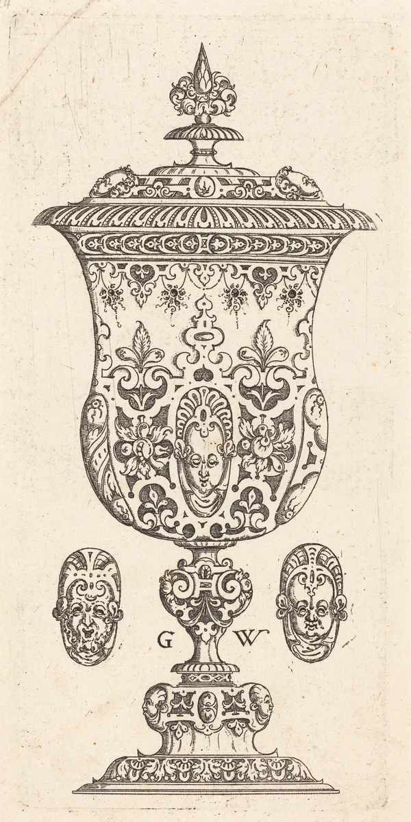 Goblet with two Masques on lid by Georg Wechter, print, 1579