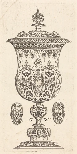 Goblet with two Masques on lid by Georg Wechter, print, 1579