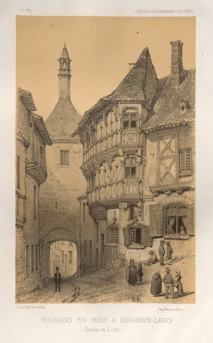 Architecture Pittoresque ou Monuments des xveme. Et xvieme. Siecles: Chateaux De France des XV et XVI Siecles: Pl. 5, Maison en Bois a Bourbon-Lancy (Saone Et Loire) by Victor Petit, print, 1860