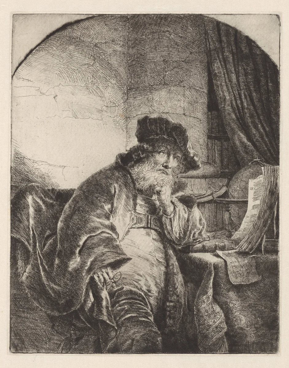 Peinzende filosoof by Ferdinand Bol, print, 1653