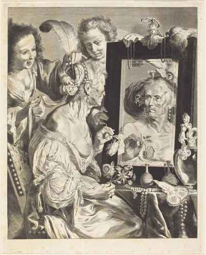 An Old Woman at the Toilet Table by Jeremias Falck; Johann Liss; Bernardo Strozzi, print, 1650-1665