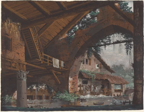 Architectural Fantasy of Antique Ruins with a Watermill by Caspar Wolf, drawing, 1735-1798