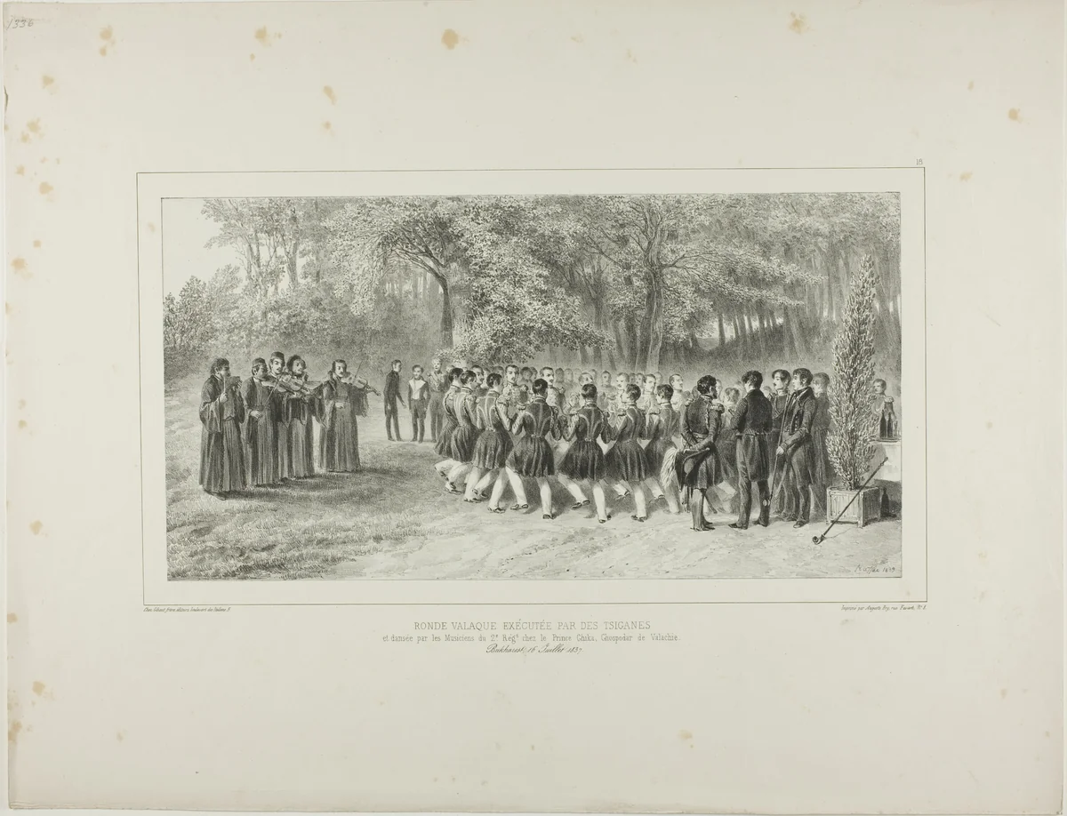 Wallachian Round, Performed by the Tsiganes and Danced by the Second Regiment Musicians at the Home of Prince Ghika, Ghospodar, Wallachia by Denis Auguste Marie Raffet, print, 1839