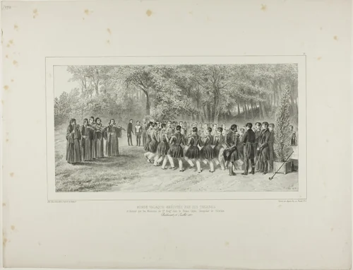 Wallachian Round, Performed by the Tsiganes and Danced by the Second Regiment Musicians at the Home of Prince Ghika, Ghospodar, Wallachia by Denis Auguste Marie Raffet, print, 1839