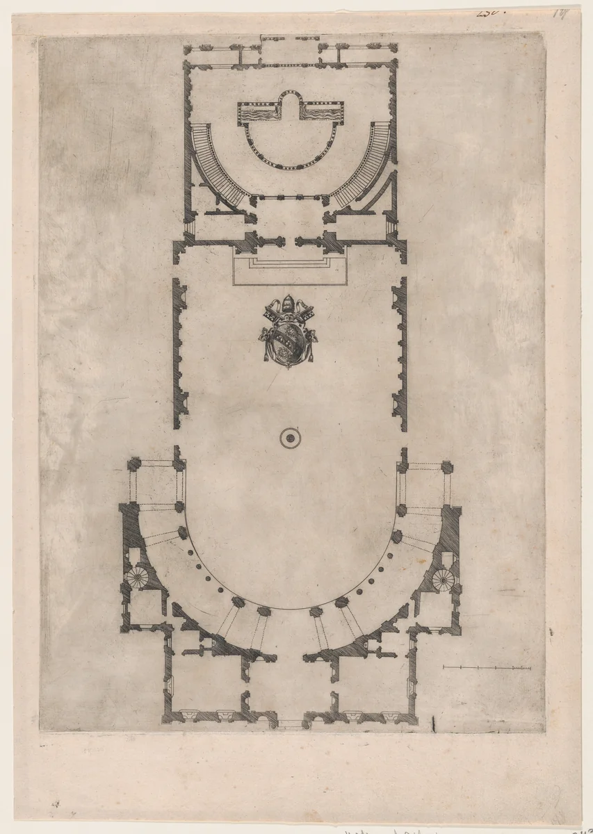 Floor plan of the Villa Giulia in Rome with the arms of Pope Julius III engraved at the center, from "Speculum Romanae Magnificentiae" by anonymous, print, 1530-1580