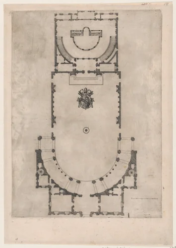 Floor plan of the Villa Giulia in Rome with the arms of Pope Julius III engraved at the center, from "Speculum Romanae Magnificentiae" by anonymous, print, 1530-1580