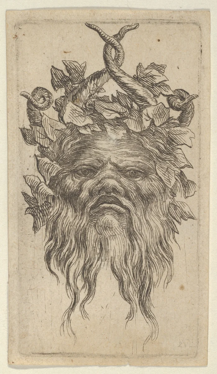 Satyr Mask with Hooked Horns and an Ivy Wreath, from "Divers Masques" by François Chauveau, print, 1630-1650