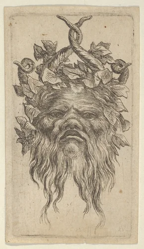 Satyr Mask with Hooked Horns and an Ivy Wreath, from "Divers Masques" by François Chauveau, print, 1630-1650