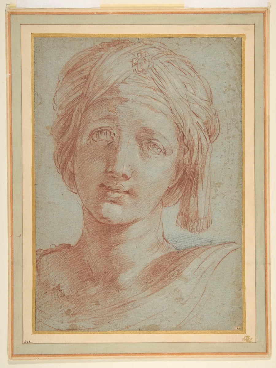Head of a Young Woman Wearing a Turban by Alessandro Tiarini, drawing, 1577-1668