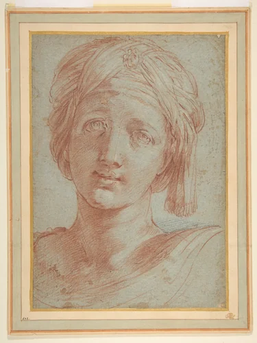 Head of a Young Woman Wearing a Turban by Alessandro Tiarini, drawing, 1577-1668