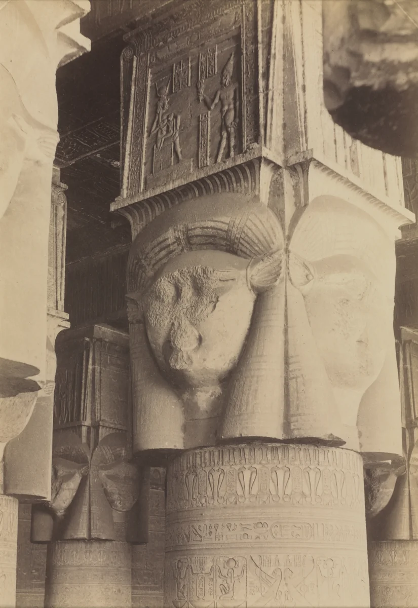 Dendera, Interior of the Temple, Hathor Capitals by Antonio Beato, photograph, 1870-1880