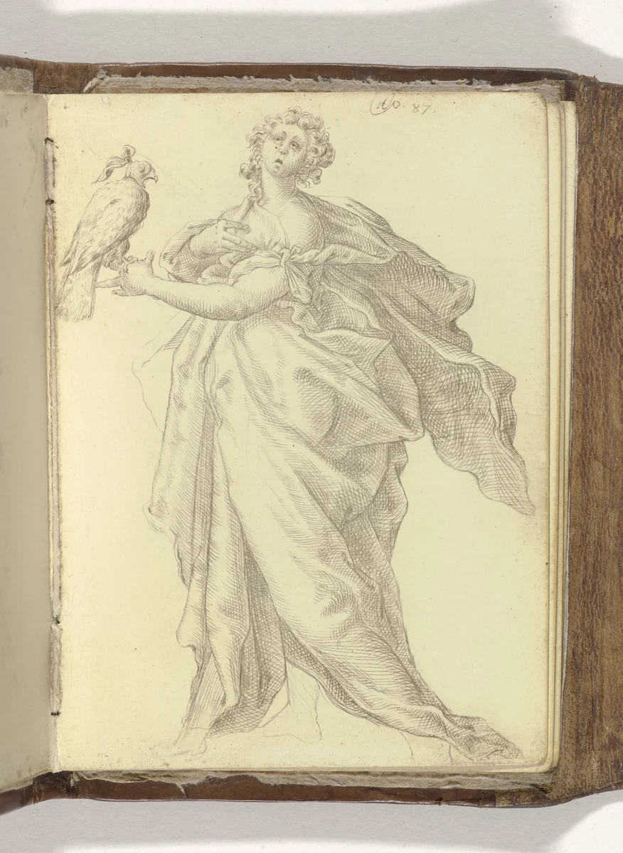 Vrouw met valk op haar linkerhand by anonymous, drawing, 1587