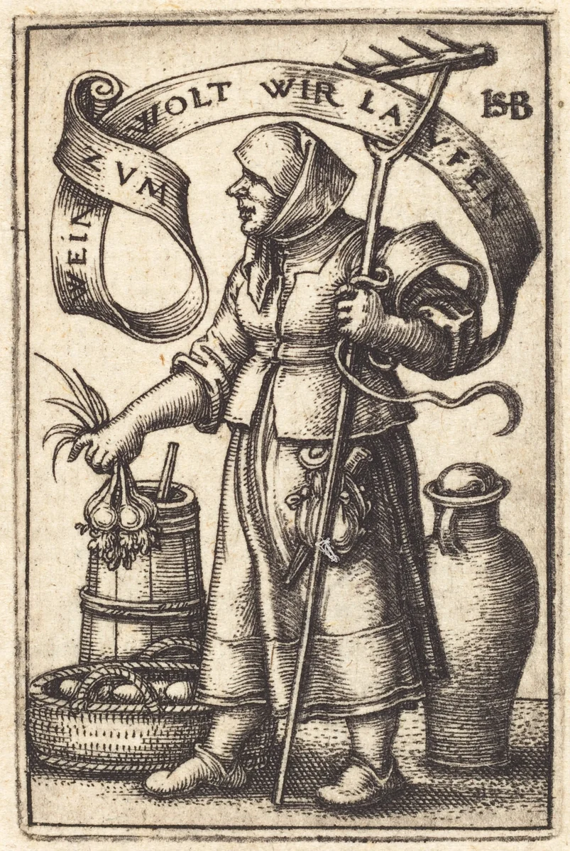Peasant Woman at Market by Sebald Beham, print, 1542